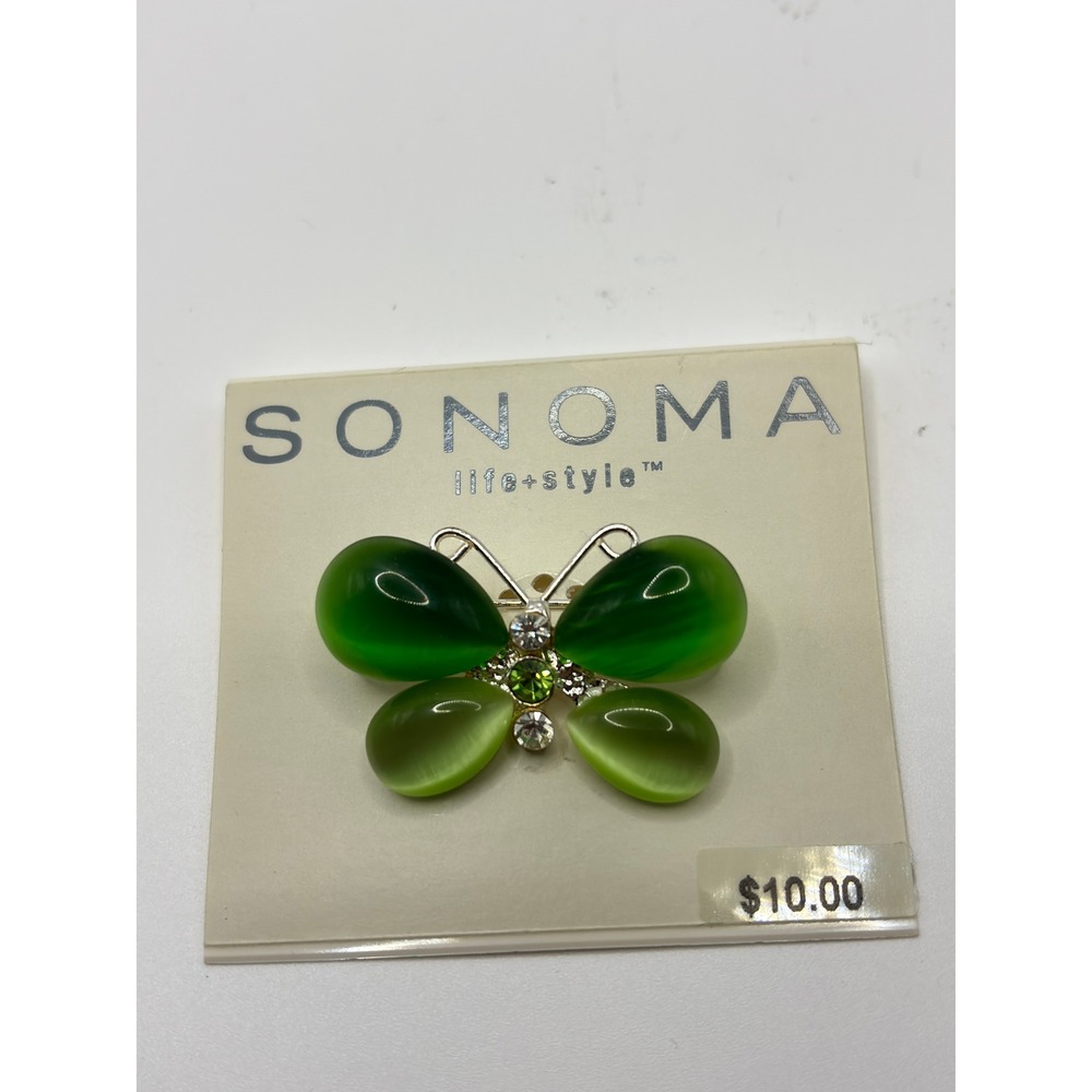 Sonoma Life‎ + Style Green Butterfly Brooch Cat's Eye Rhinestone Silver Tone New